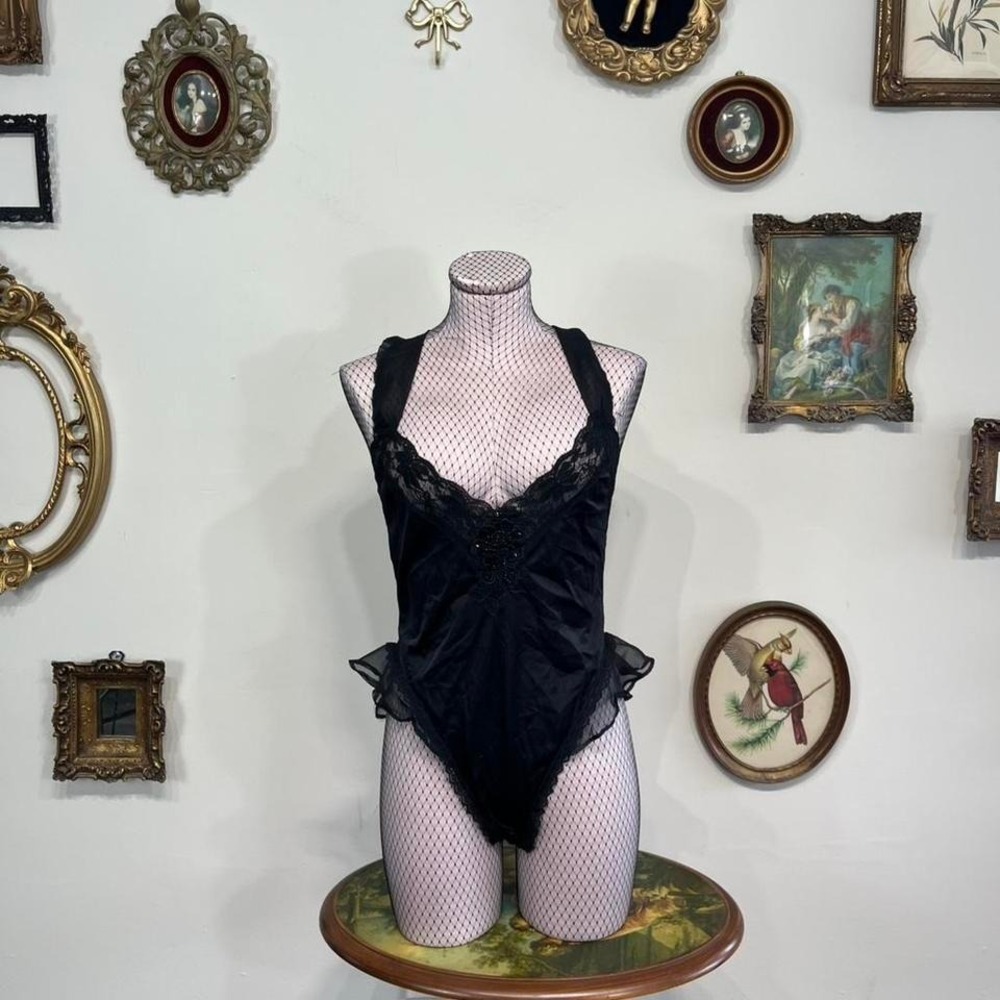 Vintage Black Lace Sheer Bodysuit One Piece Lingerie Romantic Goth